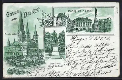 Lithographie Bonn, Münsterkirche mit Anlagen, Marktplatz und Ernst Moritz Arndt-Denkmal