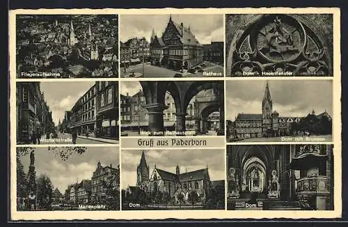 AK Paderborn, Rathaus, Westernstrasse, Marienplatz, Dom und Fliegeraufnahme