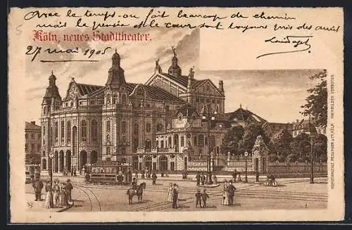 Lithographie Köln-Neustadt, Neues Stadttheater mit Strassenbahn