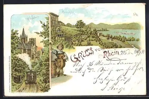 Lithographie Rolandseck /Rhein, Ortspartie, Drachenburg