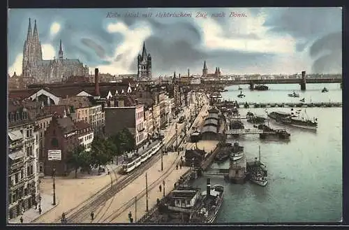 AK Köln, Totalansicht mit Rheinblick, Strassenbahn