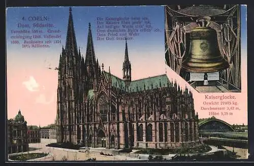 AK Coeln am Rhein, Südseite vom Dom und Kaiserglocke