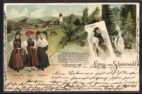 Lithographie Wem ist der Schwarzwald unbekannt..., Schwarzwälderin, Gutacherin, Markgräflerin und St. Georgerin