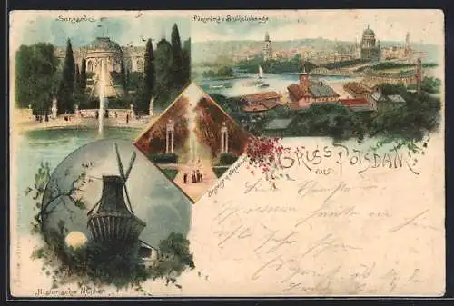 Lithographie Potsdam, Blick vom Brauhausberg, Schloss Sanssouci, Historische Mühle, Blumen, Um 1900