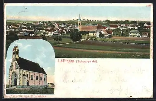 Lithographie Löffingen, Wallfahrtskirche Witterschnee, Ortspanorama