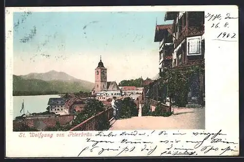 AK St. Wolfgang, Teilansicht mit Kirche vom Gasthaus Peterbräu aus