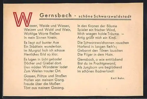 AK Gernsbach /Schwarzwald, Lokalpatriotisches Gedicht von Emil Bohr