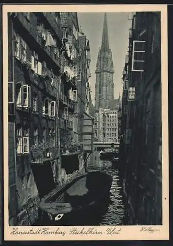 AK Alt-Hamburg, Steckelhörn-Fleet mit Kirche und Boot