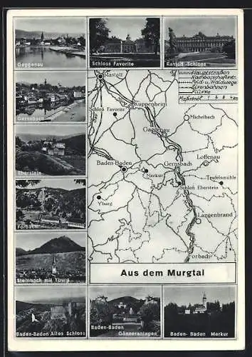 AK Gernsbach im Murgtal, Karte des Verlaufs der Murg, Ortschaften am Ufer