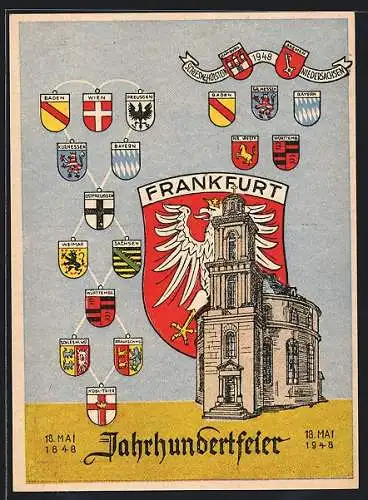 AK Alt-Frankfurt, Frankfurter Wappen, Jahrhundertfeier 18. Mai 1848-1948, Paulus Kirche