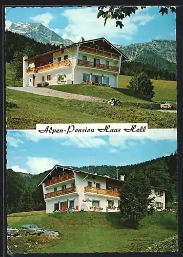 AK Berchtesgaden, Pension und Gasthaus Haus Hell gegen die Berglandschaft