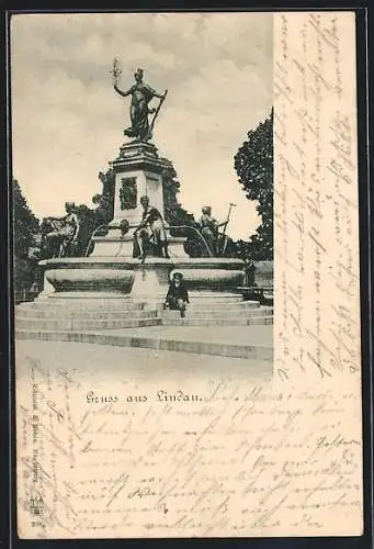 AK Lindau / Bodensee, Partie am Brunnen mit Statue