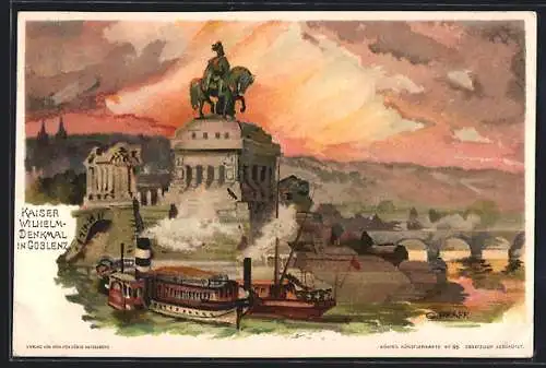 Künstler-AK C. Pfaff: Coblenz, Kaiser Wilhelm-Denkmal im Abendlicht