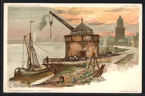 Künstler-Lithographie P. Schmohl: Andernach, Strandansicht