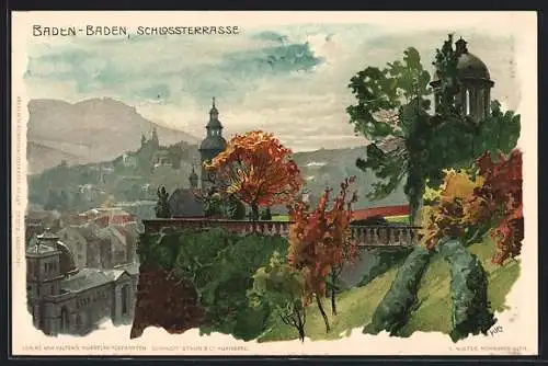 Künstler-AK Heinrich Kley: Baden-Baden, Schlossterrasse mit herbstlichem Laub