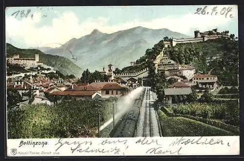 AK Bellinzona, Teilansicht mit Feste und Bahndamm