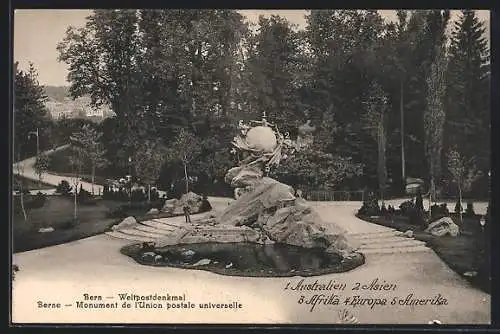 AK Bern, Weltpostdenkmal mit Anlagen, Strasse u. Blick zur Stadt