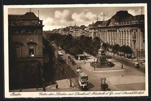 AK Berlin, Unter den Linden mit Denkmal Friedrichs des Grossen und Staatsbibliothek