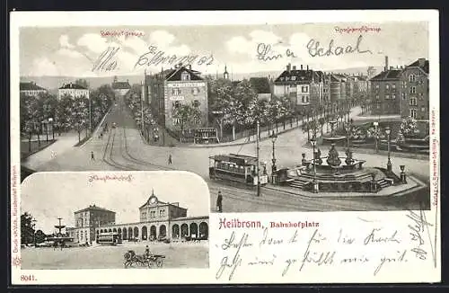 AK Heilbronn, Bahnhofplatz, Bahnhofstrasse, Roskampfstrasse, Hauptbahnhof