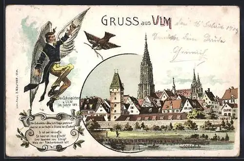 Lithographie Ulm / Donau, Der Schneider von Ulm, Ortspartie mit Münster