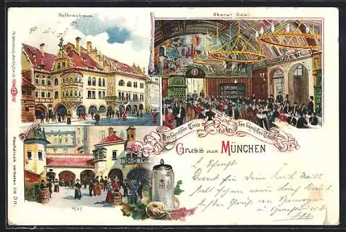 Lithographie München, Münchner Hofbräuhaus, Aussen- und Innenansicht