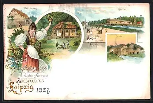 Lithographie Leipzig, Sächsisch-Thüringische Industrie- u. Gewerbe-Ausstellung 1897, Bauernhaus, Brücke, Waldhütte