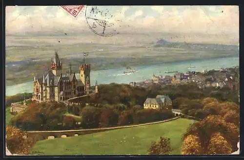 Künstler-AK Heinrich Hoffmann: Königswinter, Blick vom Drachenfels auf die Drachenburg