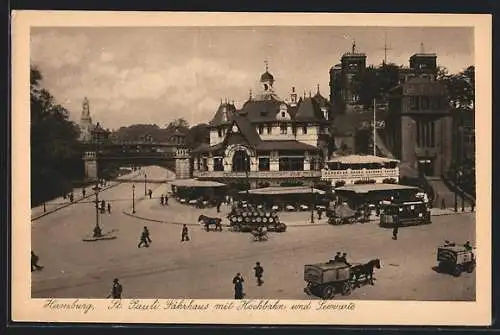 AK Hamburg-St. Pauli, Fährhaus mit Hochbahn und Seewarte, Strassenbahn, Fuhrwerke