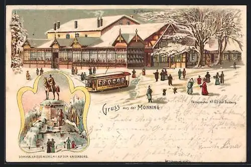 Winter-Lithographie Duisburg, Gasthaus zum Monning, Strassenbahn, Denkmal Kaiser Wilhelm I.