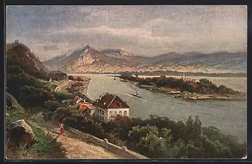 Künstler-AK Rolandseck, Teilansicht mit Rhein und Hotel