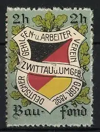 Reklamemarke Zwittau, Gehilfen u. Arbeiter Verein, Wappen und Eichenblätter