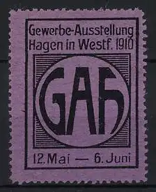 Reklamemarke Hagen, Gewerbe-Ausstellung 1910, GAH-Logo