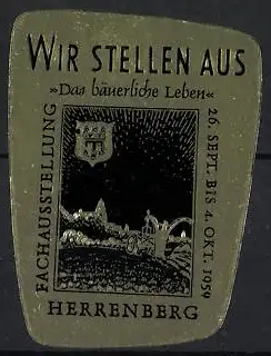 Reklamemarke Herrenberg, Fachausstellung Das bäuerliche Leben 1959, Pflug und Landschaft