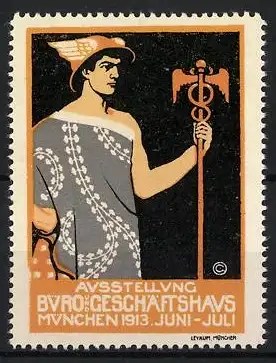 Reklamemarke München, Ausstellung Büro & Geschäftshaus, Hermes mit Flügelhelm, 1913