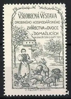 Reklamemarke Domazlice, Vseobecná Výstava 1911, Bäuerin mit Tieren und Obstgarten