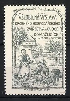 Reklamemarke Domazlice, Vseobecná Výstava 1913, Bäuerin mit Tieren und Obstbaum