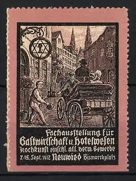 Reklamemarke Neuwied 1912, Fachausstellung Gastwirtschaft u. Hotelwesen, Bismarckplatz, Kutsche