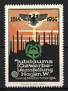 Reklamemarke Hagen / Westfalen, Jubiläums-Gewerbe-Ausstellung 1914, Adler mit Strahlenkranz