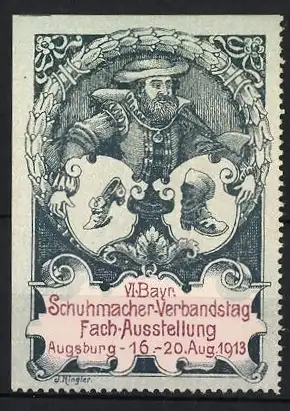 Reklamemarke Augsburg, Schuhmacher-Verbandstag Fach-Ausstellung 1913, Schuhmacher im Rahmen