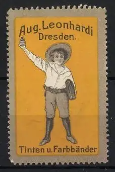 Reklamemarke Dresden, Aug. Leonhardi, Tinten & Farbbänder, Junge mit Tintenflasche