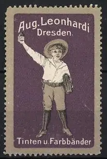 Reklamemarke Dresden, Aug. Leonhardi Tinten u. Farbbänder, Junge mit Flasche