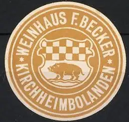 Reklamemarke Kirchheimbolanden, Weinhaus F. Becker, Wildschwein und Schachbrettmuster