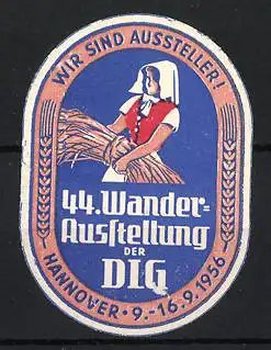 Reklamemarke Hannover, 44. Wander-Ausstellung der DLG 1956, Frau mit Getreidebündel