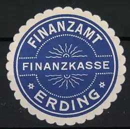 Reklamemarke Erding, Finanzamt Finanzkasse, blaues Siegel mit Strahlenmotiv