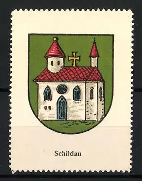 Reklamemarke Schildau, Kirchenmotiv, Kirche mit Kreuz