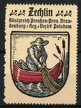 Reklamemarke Zechlin, Königreich Preussen /Prov. Brandenburg, Wappen Fischer im Boot