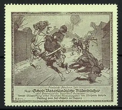 Reklamemarke Mainz, Vaterländische Bilderbücher, der Tod von Freiheitskämpfer Friedrich Friesen