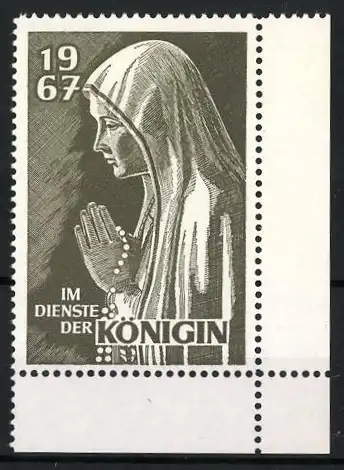 Reklamemarke Im Dienste der Königin 1967, betende Frau mit Rosenkranz