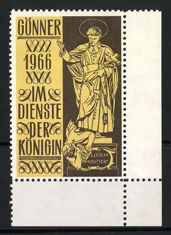 Reklamemarke Gönner, 1966, Im Dienste der Königin, Heiligenfigur mit Betendem