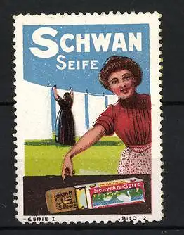 Reklamemarke Schwan Seife, Frau mit Wäscheleine